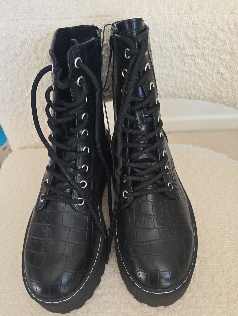 H&M Black Croc-Embossed Lace-Up Combat Boots
